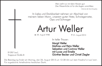 Traueranzeige von Artur Weller von Pegnitz-Zeitung
